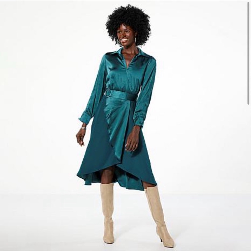 Chic Long Sleeve Wrap Shirt Dress Teal Dress Belted M